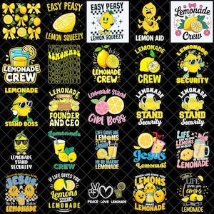 May include: A collection of colorful graphic designs featuring lemons, lemonade, and related phrases. Designs include text like "Lemonade Crew," "Lemon Squeezy," and "Stand Boss," with various illustrations.