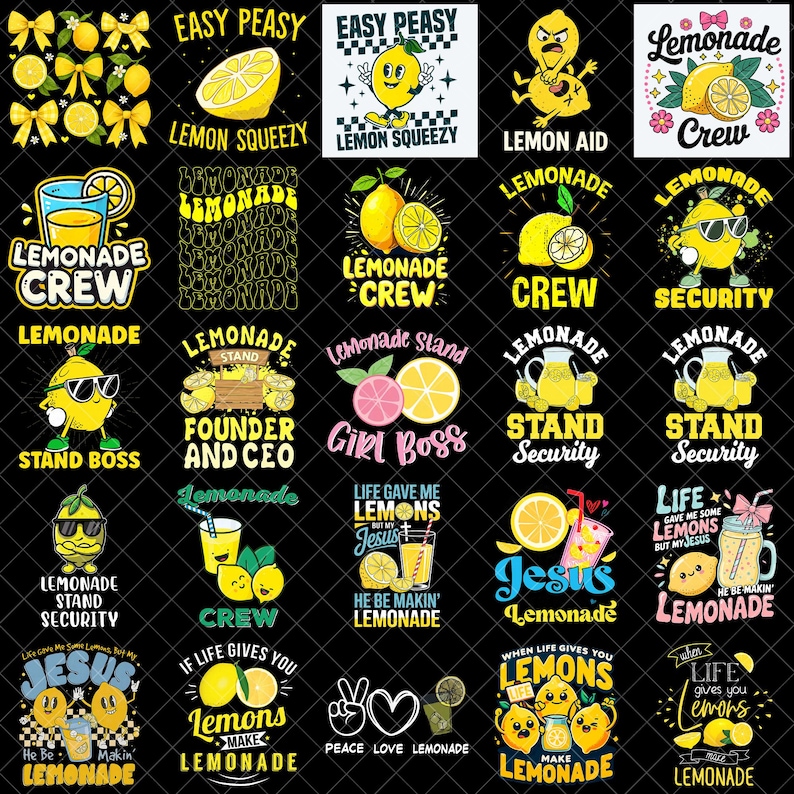 May include: A collection of colorful graphic designs featuring lemons, lemonade, and related phrases. Designs include text like "Lemonade Crew," "Lemon Squeezy," and "Stand Boss," with various illustrations.