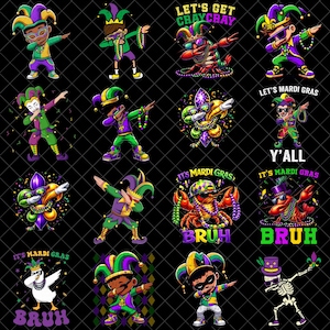 May include: A collection of colorful Mardi Gras-themed graphics on a black background. The images feature jesters, a crawfish, and a skeleton, all in festive attire, dabbing. Text includes "Let's Get Cray Cray", "It's Mardi Gras", and "Bruh".