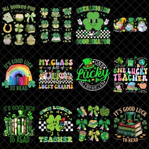 Puede incluir: Una colección de diseños temáticos del Día de San Patricio. Los diseños incluyen tréboles, sombreros de duende, libros, arcoíris y las frases "Shenanigans Coordinator", "One Lucky Librarian" y "One Lucky Teacher".