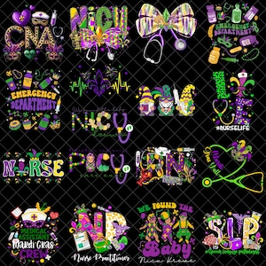 Puede incluir: Una colección de coloridos diseños con temática de Mardi Gras sobre un fondo negro. Los diseños incluyen texto como "CNA", "Emergency Department", "Nurse" y "SLP". Otros diseños presentan estetoscopios, símbolos médicos y gráficos festivos.