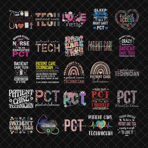 Puede incluir: Una colección de diseños gráficos con texto relacionado con el cuidado del paciente y las profesiones médicas. Los diseños incluyen frases como "Patient Care Technician", "Night Shift" y "Patient Access Squad", con varias fuentes y elementos decorativos.
