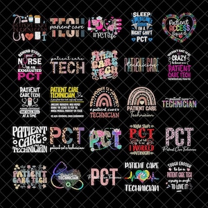 Puede incluir: Una colección de diseños gráficos con texto relacionado con el cuidado del paciente y PCT (Técnico en atención al paciente). Los diseños incluyen frases como "Técnico en atención al paciente", "Turno de noche" y "Equipo de acceso al paciente", con varias fuentes y elementos decorativos.