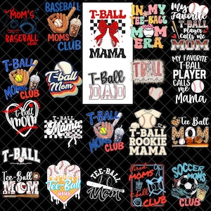 Puede incluir: Una colección de diseños gráficos con temas de béisbol y t-ball. Los diseños incluyen texto como "Mom", "Mama" y "Club", junto con pelotas de béisbol, bates, guantes y bebidas. La paleta de colores incluye rojo, blanco, azul y marrón.