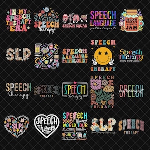 Puede incluir: Una colección de diseños gráficos coloridos con texto relacionado con la terapia del habla. Los diseños incluyen frases como "Speech Therapy", "SLP" y "Speech Squad", junto con elementos florales y caras sonrientes. Sobre un fondo negro.
