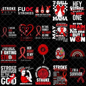Stroke Awareness PNG Bundle, Red Ribbon Stroke Survivor Designs, Stroke Warrior Shirt Pack, May Stroke Awareness Sublimation
