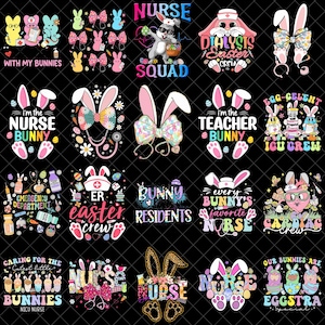 Puede incluir: Una colección de coloridos diseños con temática de Pascua sobre un fondo negro. Los diseños presentan orejas de conejo, lazos y texto como "Nurse Squad", "I'm the Nurse Bunny" y "Emergency Department". Los diseños son adecuados para ropa y accesorios.