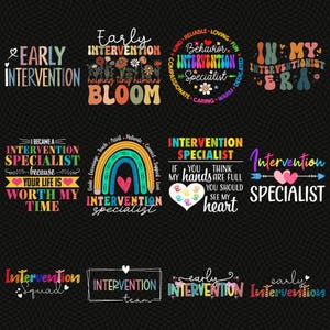 Puede incluir: Una colección de diseños gráficos coloridos con texto relacionado con la intervención temprana y los especialistas en intervención. Los diseños presentan frases como "Early Intervention", "Intervention Specialist" y citas inspiradoras. La paleta de colores incluye tonos arcoíris, pasteles y texto en negrita.
