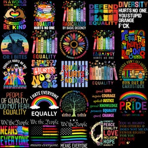 May include: A collection of graphic designs on a black background, promoting equality, diversity, and inclusion. The designs feature text, rainbows, peace signs, and the American flag, with messages like "Equality Hurts No One" and "Pride".