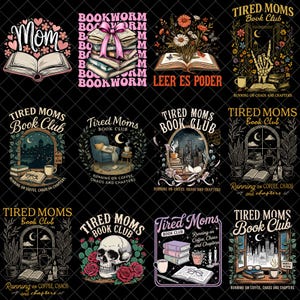 Op de afbeelding: Collectie grafische ontwerpen met boeken als thema. De ontwerpen bevatten open boeken, stapels boeken, bloemstukken en de tekst "Mom", "Bookworm" en "Tired Moms Book Club". Elk ontwerp heeft een uniek kleurenpalet.