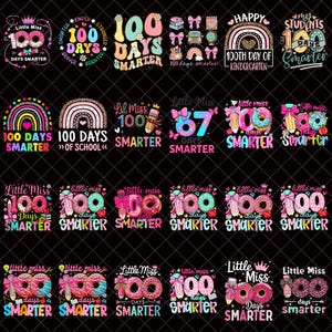 Puede incluir: Una colección de diseños digitales coloridos con texto que celebra el día 100 de escuela. Los diseños presentan arcoíris, donas y las palabras "Little Miss 100 Days Smarter" en varias fuentes y colores.