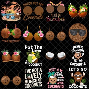 Puede incluir: Una colección de diseños de temática tropical con cocos. Las imágenes incluyen cocos con gafas de sol, decoraciones florales y texto como "Aloha Beaches" y "I've got a lovely bunch of coconuts."