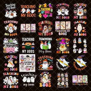 Puede incluir: Una colección digital de veinticinco diseños gráficos con fantasmas blancos, calabazas, libros y lápices, todos acompañados por el texto Teaching My Boos. Las ilustraciones utilizan una paleta de colores vibrantes en naranja, morado, rosa y negro.