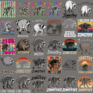 May include: A collection of thirty graphic designs featuring raccoons in various poses and styles, accompanied by the text Jimothy, Stay Weird, Believe, and Feral Legend. The illustrations use diverse color palettes, including retro sunset gradients, forest scenes, and vibrant star motifs on a gray background.