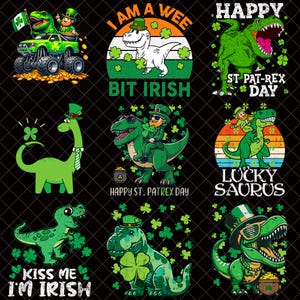 Puede incluir: Una colección de gráficos de dinosaurios con temática del Día de San Patricio. Los diseños incluyen dinosaurios con sombreros de duende, tréboles y textos como "I am a wee bit Irish" y "Kiss me I'm Irish."