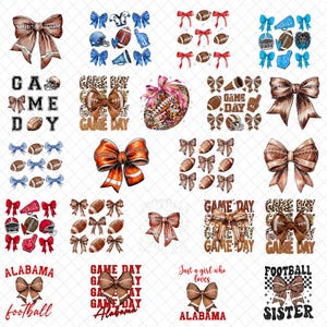 Puede incluir: Una colección de diseños digitales con temática de fútbol americano. Incluye lazos, balones de fútbol, cascos y texto como "Game Day", "Alabama Football" y "Football Sister". Los diseños presentan varios colores y patrones.