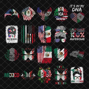 Puede incluir: Una colección de diseños gráficos con elementos de las banderas mexicana y estadounidense. Los diseños incluyen mariposas, corazones, águilas y arreglos florales, con texto como "Chicana", "It's in my DNA" y "100% Awesome". La paleta de colores es roja, blanca, verde y azul.