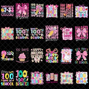 Puede incluir: Una colección de coloridos diseños gráficos que celebran el día 100 de escuela. Los diseños incluyen lazos, lápices, manzanas, cupcakes y el texto "100 Days of School" en varias fuentes y colores. Sobre un fondo negro.