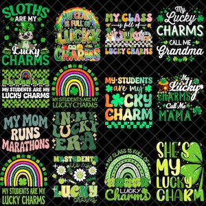 May include: A collection of St. Patrick's Day themed designs with text and graphics. The designs include rainbows, shamrocks, and phrases like "Lucky Charms" and "My Students are My Lucky Charms". The color palette includes green, orange, and white.