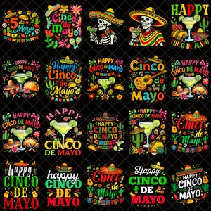 Puede incluir: Una colección de coloridos diseños de Cinco de Mayo sobre un fondo negro. Los diseños incluyen sombreros, margaritas, guitarras y el texto "Happy Cinco de Mayo" en varias fuentes y colores. Algunos diseños presentan esqueletos.
