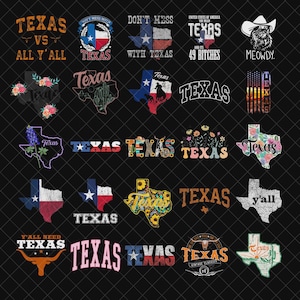 Puede incluir: Una colección de diseños gráficos con el estado de Texas. Los diseños incluyen la bandera de Texas, patrones florales y elementos de texto como "Texas vs All Y'all" y "Don't Mess With Texas". La paleta de colores incluye rojo, blanco, azul y otros colores.