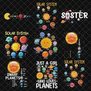 Puede incluir: Gráfico negro con múltiples ilustraciones del sistema solar. La imagen incluye planetas, el sol y texto que dice "SOLAR SYSTEM", "SOSTER", "DWARF PLANETS" y "JUST A GIRL - WHO LOVES PLANETS".