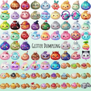 May include: A collection of colorful, glittery dumpling illustrations with various expressions, accessories, and hats, arranged in a grid. The text GLITTER DUMPLING is centered in the middle. Some dumplings are shown inside small wooden steamer baskets.