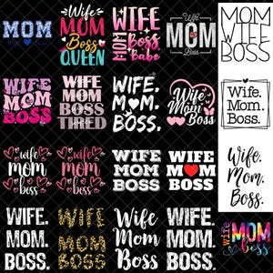 Puede incluir: Una colección de diseños gráficos con las palabras "Wife, Mom, Boss" en varias fuentes y estilos. Los diseños incluyen corazones, estampado de leopardo y elementos decorativos, todo sobre un fondo negro. Ideal para ropa y accesorios.