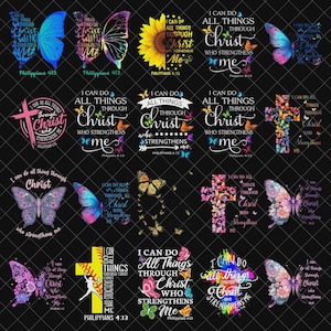 Puede incluir: Una colección de diseños inspiradores con mariposas, cruces y girasoles. Cada diseño incluye la frase «Todo lo puedo en Cristo que me fortalece» de Filipenses 4:13. Los diseños son de varios colores.
