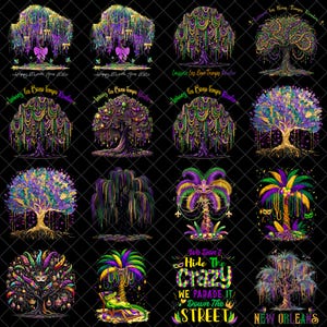 May include: A collection of colorful digital illustrations featuring trees and palm trees adorned with Mardi Gras beads and masks. Some images include text such as "Happy Mardi Gras 2020" and "We Don't Hide The Crazy We Parade It Down The Street."