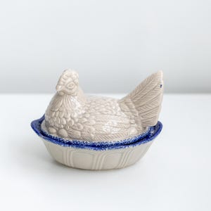 Cuenco vintage de cerámica con forma de pollo en nido, decoración de cocina en beige y azul