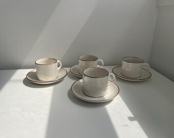 Vintage J&G Meakin "Lifestyle" pattern stoneware cups and saucers set of 4