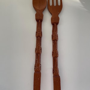 HUGE vintage handcarved Wooden Tiki Motif Spoon & Fork Wall decors. 19 inches long