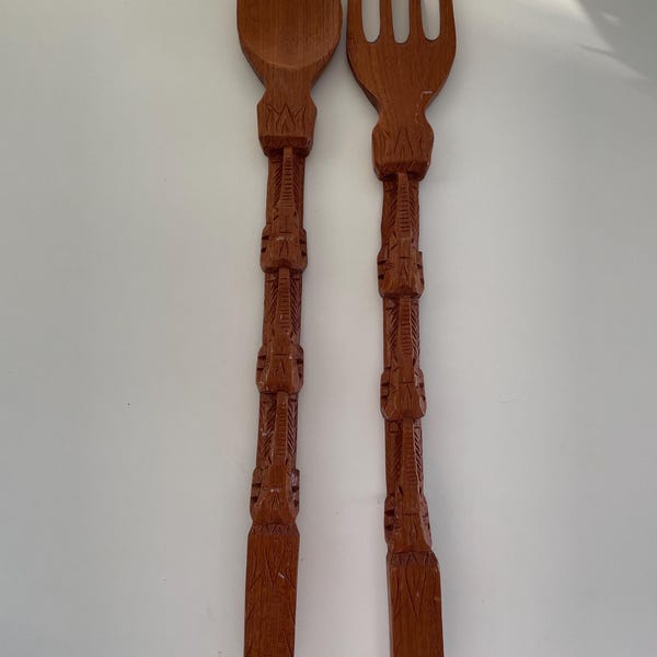 HUGE vintage handcarved Wooden Tiki Motif Spoon & Fork Wall decors. 19 inches long