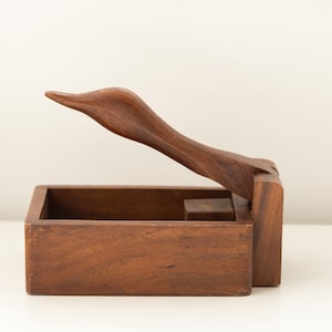 Wood Bowl Nutcracker — Vintage Duck/Goose Head Nut Dish — Rustic Repurposed Wooden Box