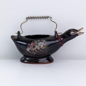 Mid-Century Japanese Ceramic Duck/Goose Brown Glazed creamer Metal Handle