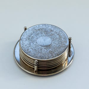 Vintage Silver Embossed Coasters Set Of 6 With Holder