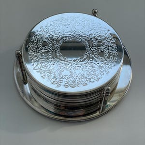 Vintage Silver Embossed Coasters Set Of 6 With Holder