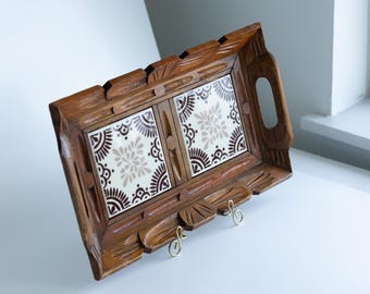 Small tile wood tray:Boho ceramic tile serving piece or wall decor