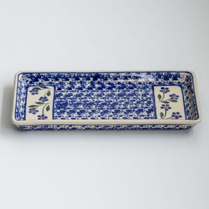 Handmade Polish pottery ceramic rectangular tray, blue and white patterned design