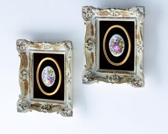 Vintage Cameo Pair of Porcelain Couple Picture on Burgundy Velvet White and Gold Ornate Plastic Picture Framed