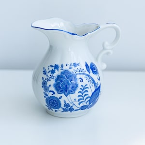 Vintage Blue and White Floral Pitcher, Vintage Water Pitcher, Japan Ceramic Pot, Mid Century Japan Dish, Kitchen Decor, Japanese Flowered