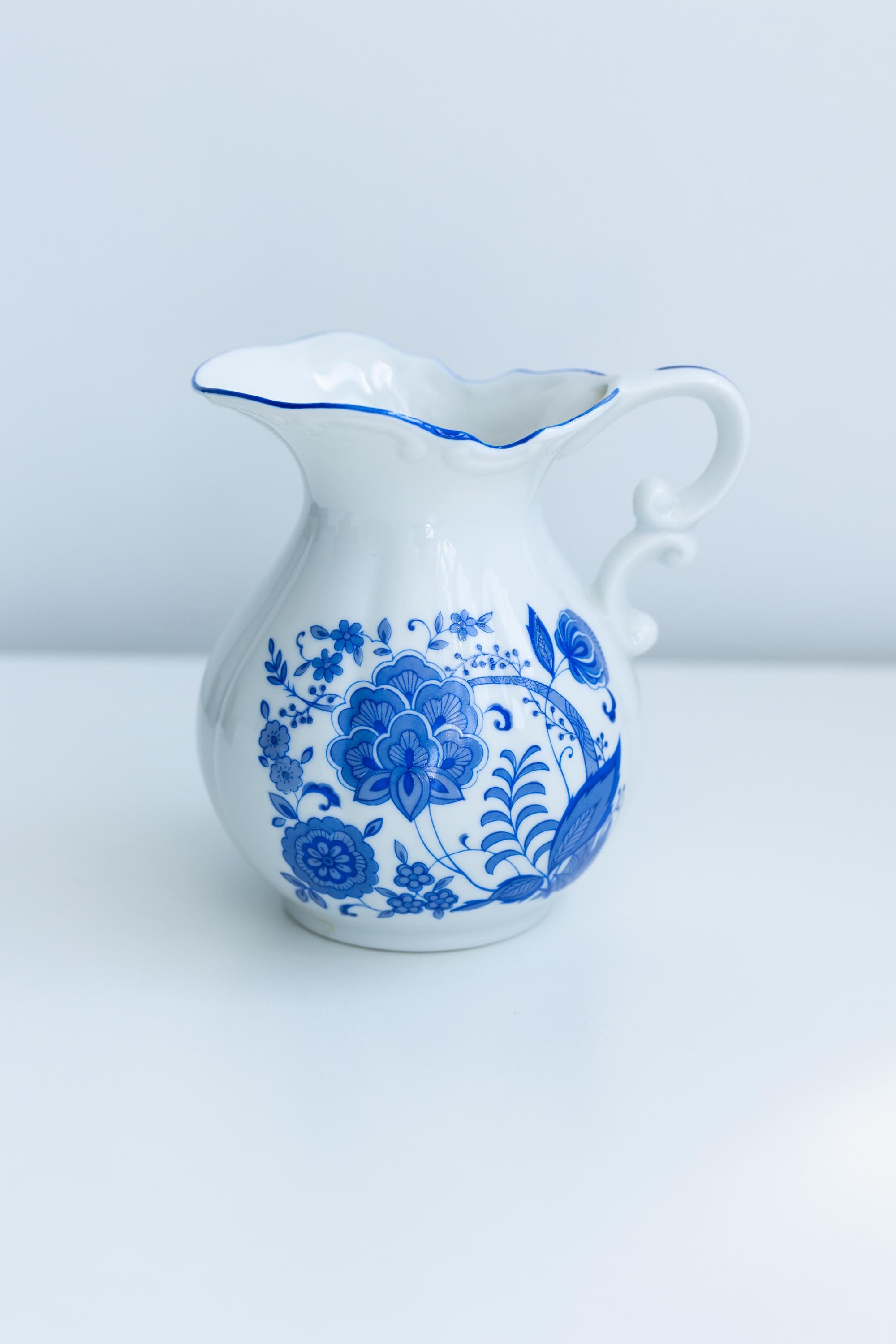 Vintage Blue Floral Ceramic Pitcher: Mid-century Japan Kitchen