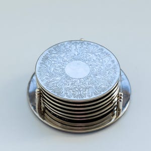 Vintage Silver Embossed Coasters Set Of 6 With Holder