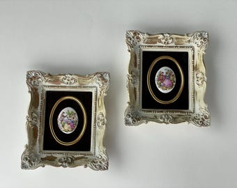 Vintage Cameo Pair of Porcelain Couple Picture on Burgundy Velvet White and Gold Ornate Plastic Picture Framed