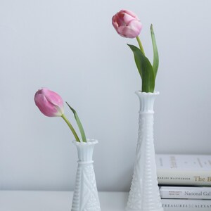 Vintage Shabby Chic Milk Glass Vases Candlesticks Cottagecore Grannycore Wedding Decor Farmhouse Home Decor. Set of 2