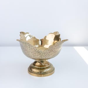 Vintage Floral Engraved Brass Metal Pedestal Bowl Made In India