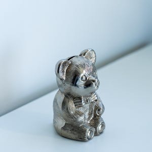 Vintage silverplated Teddy Bear Bank, Coin Bank -Bear Figurine, Nursery Decor, Heavy Duty Money Bank, Fun Animal Piggy Bank