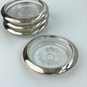 Set of 4 Vintage Regal Silver Rim Crystal Coasters, E.P. Steel Siver-Plated Silverplated, Clear Glass Coasters