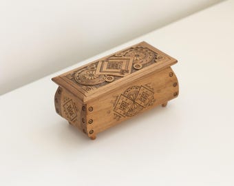 Handmade Carved Wood Casket - 1980s USSR Jewelry Organizer